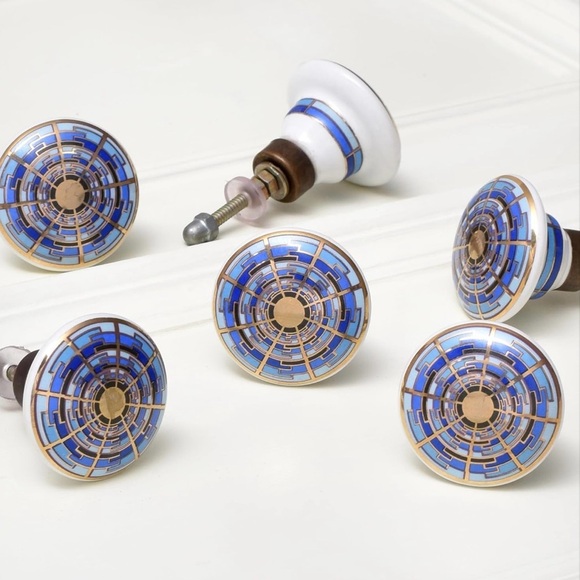 Indian Shelf Gold & Blue Ceramic Drawer Knobs – Spiral & Round – Set of 6 - Picture 1 of 7